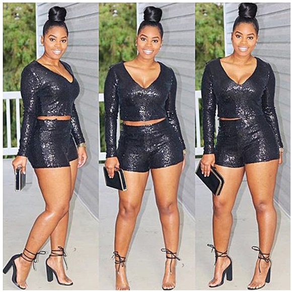 NEW LA Boutique Black Sequined Short Set - Picture 2 of 8